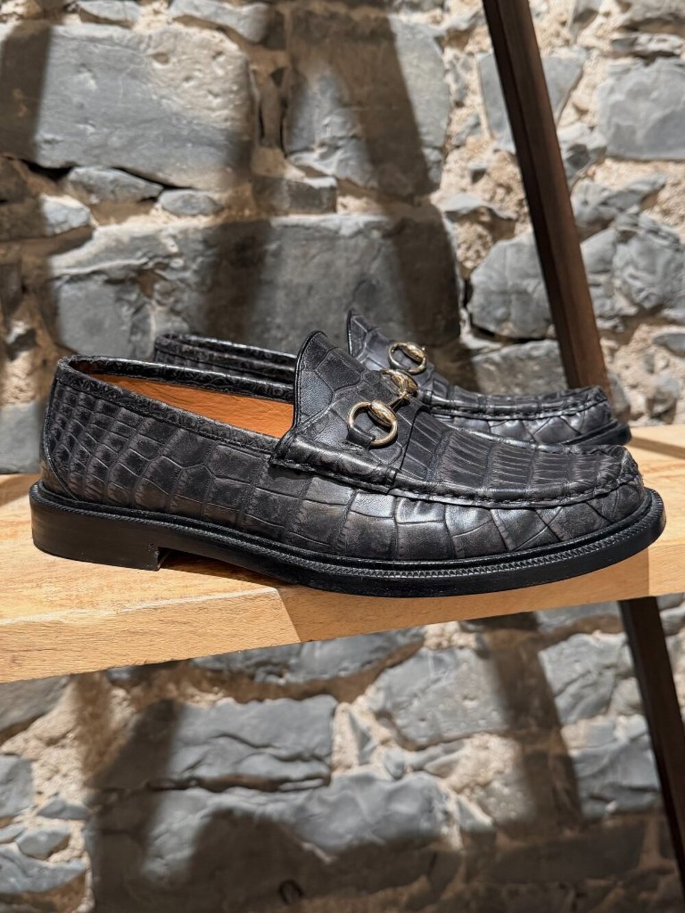 Gucci Dark Grey Hand Painted Crocodile Horsebit Loafers